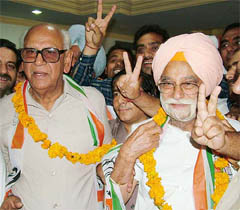 The Congress candidate from Amritsar, Mr R.L. Bhatia, with Mr Daya Singh Sodhi, former Punjab BJP President who joined the Congress, in Amritsar on Friday. 