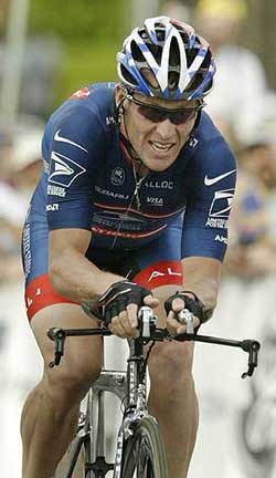 Five-time Tour de France winner Lance Armstrong crosses the finish line in the time trial fourth stage of the 2004 Tour de Georgia in Roma