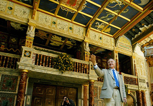 London Mayor Ken Livingstone performs a line from William Shakespeare's "Hamlet" on the stage at the Globe theatre