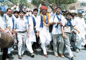 BSP candidate from Outer Delhi constituency Bharat Bhushan Nagar, a former Indian Airlines pilot, campaigning in the Capital on Saturday.