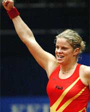 Kim Clijsters of Belgium celebrates victory against Jelena Kostanic of Croatia