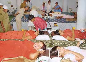 Volunteers donate blood at a blood donation camp at Nirankari Bhavan, Sector 30, Chandigarh