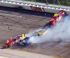 A multi-car accident during the NASCAR Busch Series Aaron's 312