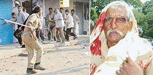 People run for cover as a policeman wields his lathi and (right) one of the injured voters after a clash outside a polling booth at Chapra in Bihar on Monday.