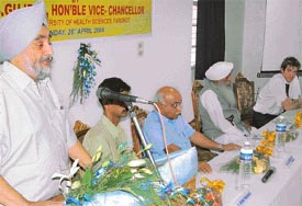 Dr J.S. Gujral, Vice-Chancellor, Baba Farid University, addresses a gathering at the inauguration of the Oral Implantology Centre at BJS Dental College in Ludhiana