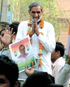 Outer Delhi Congress candidate Sajjan Kumar during campaigning in the Capital on Monday. 