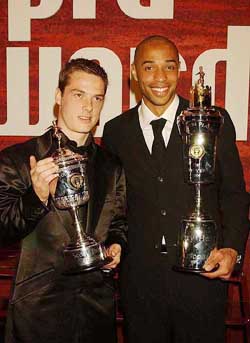 Aresenal�s Thierry Henry with his PFA Player�s Player of the Year award, and Scott Parker with his Young Player of the Year award, at London�s Grosvenor House Hotel
