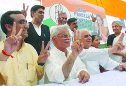 Congress candidates from Delhi along with Chief Minister Sheila Dikshit at a Press conference in the Capital on Tuesday.