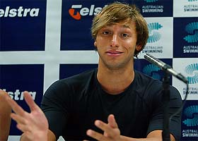 Australian swimmer Ian Thorpe answers a question at a Press conference in Sydney on Tuesday