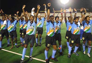 Indian players celebrate their victory over South Korea in the semifinal of the fifth junior Asia Cup hockey tournament 