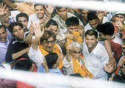 Bollywood star Shakti Kapoor with R. K Anand, candidate from South Delhi