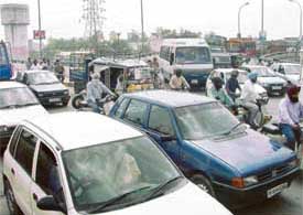 A traffic jam near Cheema Chowk due to an election rally in Ludhiana
