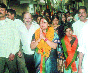 BJP candidate from Karol Bagh parliamentary constituency Anita Arya campaigning in the Capital on Sunday.