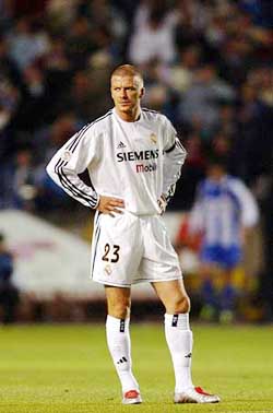 Real Madrid's David Beckham shows his disappointment during Spanish first division football match at Coruna's Riazor stadium