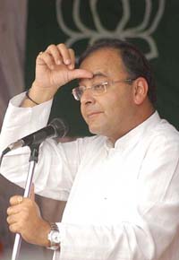 The Union Law Minister, Mr Arun Jaitley, addresses party workers in Shimla on Tuesday.
