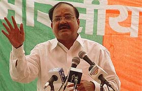 BJP president Venkaiah Naidu addresses an election rally in Ambala
