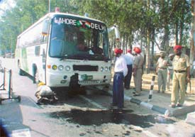 The Lahore-Delhi bus, Sada-e-Sarhad, which met with an accident at the Doraha toll barrier 