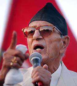 Leader of the Nepali Congress Girija Prashad Koirala addresses a public meeting
