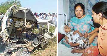 From left: Onlookers near the wreckage of the van which was hit by a train and a woman with her daughter who was injured in the accident. 