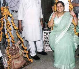 BJP candidate from Karol Bagh Anita Arya during the padyatra in the Capital on Wednesday.