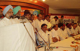 Dr Manmohan Singh, senior Congress leader, addresses an intellectuals� meet in Jalandhar on Thursday.