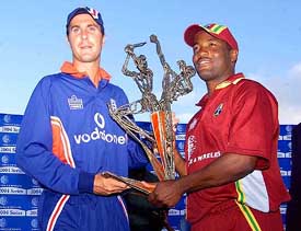 West Indies captain Brian Lara and his English counterpart Michael Vaughan jointly hold the ODI trophy 