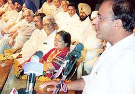 Mr Arun Jaitley, Union Law and Commerce Minister, addresses a special session organised by the Bharatiya Janata Party at Tagore Theatre, Sector 18, Chandigarh