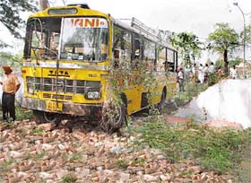 The private bus that rammed into two vehicles and broke the boundary wall of the CRPF complex before coming to a halt in Chandigarh