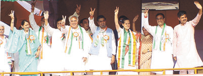 The seven candidates of the Congress with party president Sonia Gandhi, Delhi Chief Minister Sheila Dikshit and DPCC president Ch Prem Singh at an election rally on the Ramlila ground on the last day of campaigning in the Capital on Saturday.