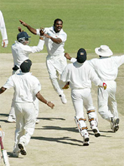 Muttiah Muralitharan celebrates after taking the 520th wicket