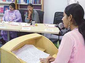 A participant speaks at an extempore contest during the fourth anniversary celebrations of British Library in Chandigarh