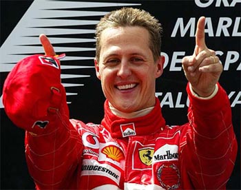 Ferrari's Michael Schumacher celebrates after winning the Spanish Grand Prix 