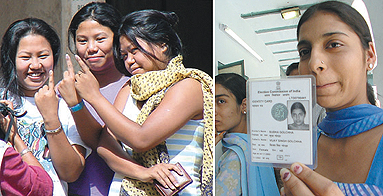 Voters from the North-East show their marked fingers and a first-timer outside the polling booths during the final round of the Lok Sabha elections in the Capital on Monday.