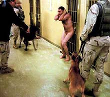 US soldiers surround an Iraqi detainee in this photo obtained by The New Yorker 