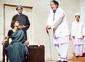 A scene from Kumar Verma�s play "Teen Bhautikshastri" at Tagore Theatre, Chandigarh