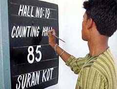 Final touches being given to a board in Jammu on Wednesday as the counting for the Lok Sabha poll begins tomorrow. 