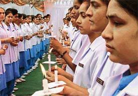 Students of the Mata Saraswati Institute of Nursing Education take the oath on the occasion of International Nurses Day