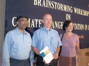 Mr A.K.Sirivastva, Additional Commissioner, Ministry of Agriculture, Guy Hanore, Director, Indo-German watershed programme, and Ms G. Hyfa, Director, German Technical Agency (GTZ), at a seminar on 'Climate change in india' in the Capital.