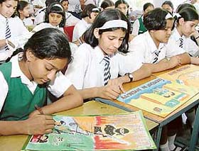 Students show their skills at a painting competition, held in St Xavier�s Senior Secondary School, Sector 44, Chandigarh