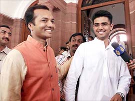 Industrialist Naveen Jindal and Scahin Pilot, both first-time MPs, come out of Parliament House 