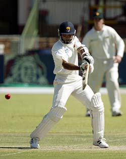 Sri Lankan captain Marvan Atapattu cuts a delivery during his unbeaten knock of 127