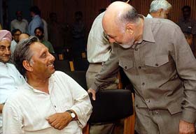 Congress leader Mani Shankar Aiyer and Pakistan High Commissioner to India Aziz Ahamed Khan at the launch of a magazine �Journal - South Asian� in New Delhi on Sunday. 