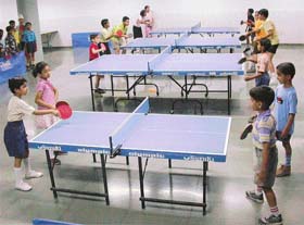 Students line up for table tennis practice at the indoor hall of Manav Mangal School, Sector 11, Panchkula