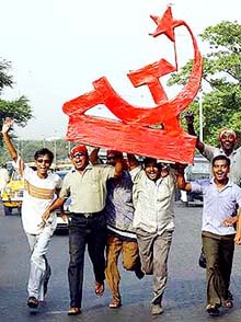 Celebrating victory with the hammer and sickle