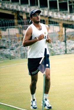 Indian captain Sourav Ganguly runs during a training session 