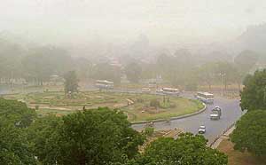 Dust engulfs Chandigarh�s horizon on Thursday.