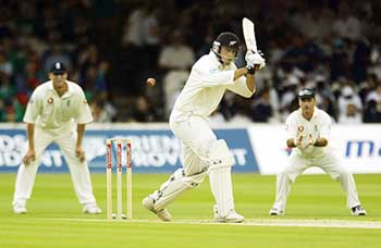 New Zealand captain Stephen Fleming plays a shot on the first day of the first Test against England at Lord's 