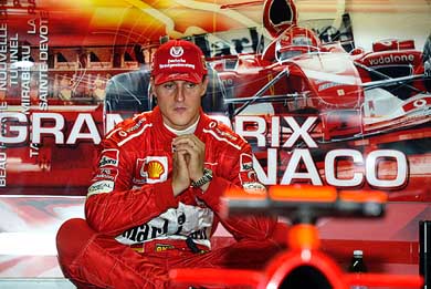 Ferrari's German driver Michael Schumacher relaxes during the second free practice session of Monaco Formula One Grand Prix in Monte Carlo on Thursday