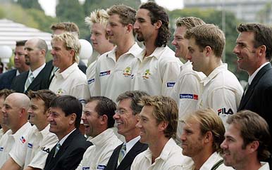 he Australia Test cricket team line up for an official team photo in Harare following the cancellation of the two Test match series