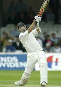 New Zealand's Chris Cairns hits a six during the second day of the first Test against England at Lord's